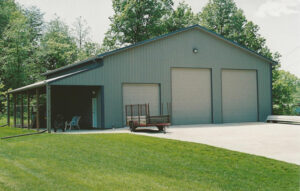 Gray post-frame construction garage.