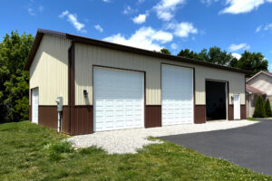 Side view of a post frame commercial garage door.